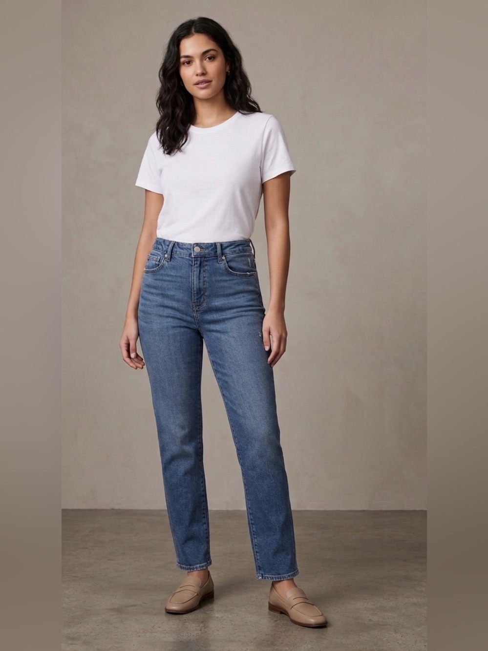 Good American Good Legs Straight Jeans SoftTech Silkie Blue Denim Sz 8 / 29